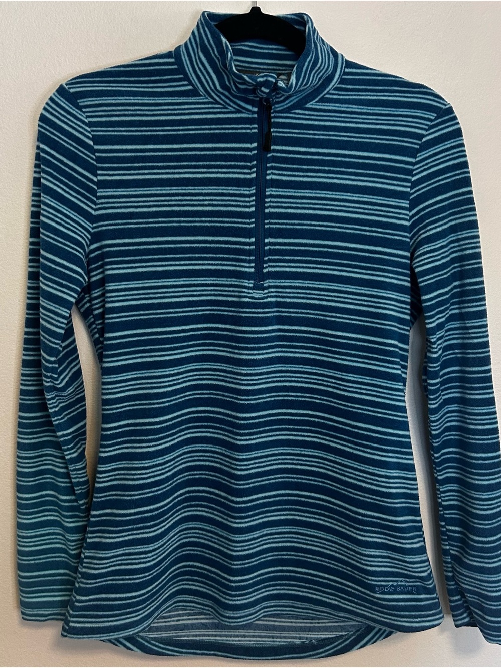 Eddie Bauer Teal and Light Blue Striped Zip-Up Sweater